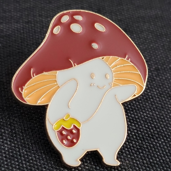 Adorable Smiling Mushroom Wearing A Strawberry Purse Enamel Pin - Picture 10 of 10